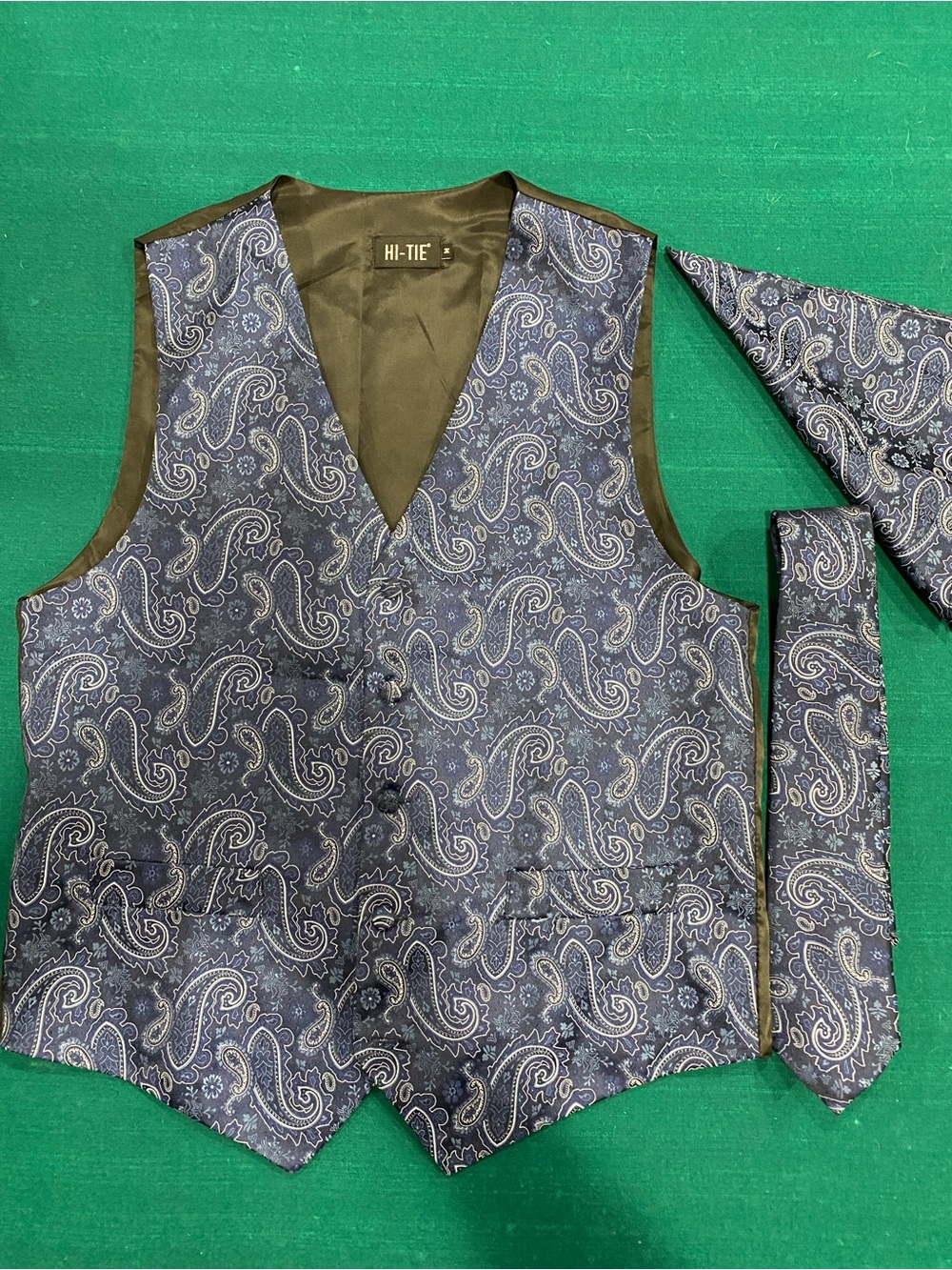Men's Navy Paisley Vest, Pocket Square, and Tie Set